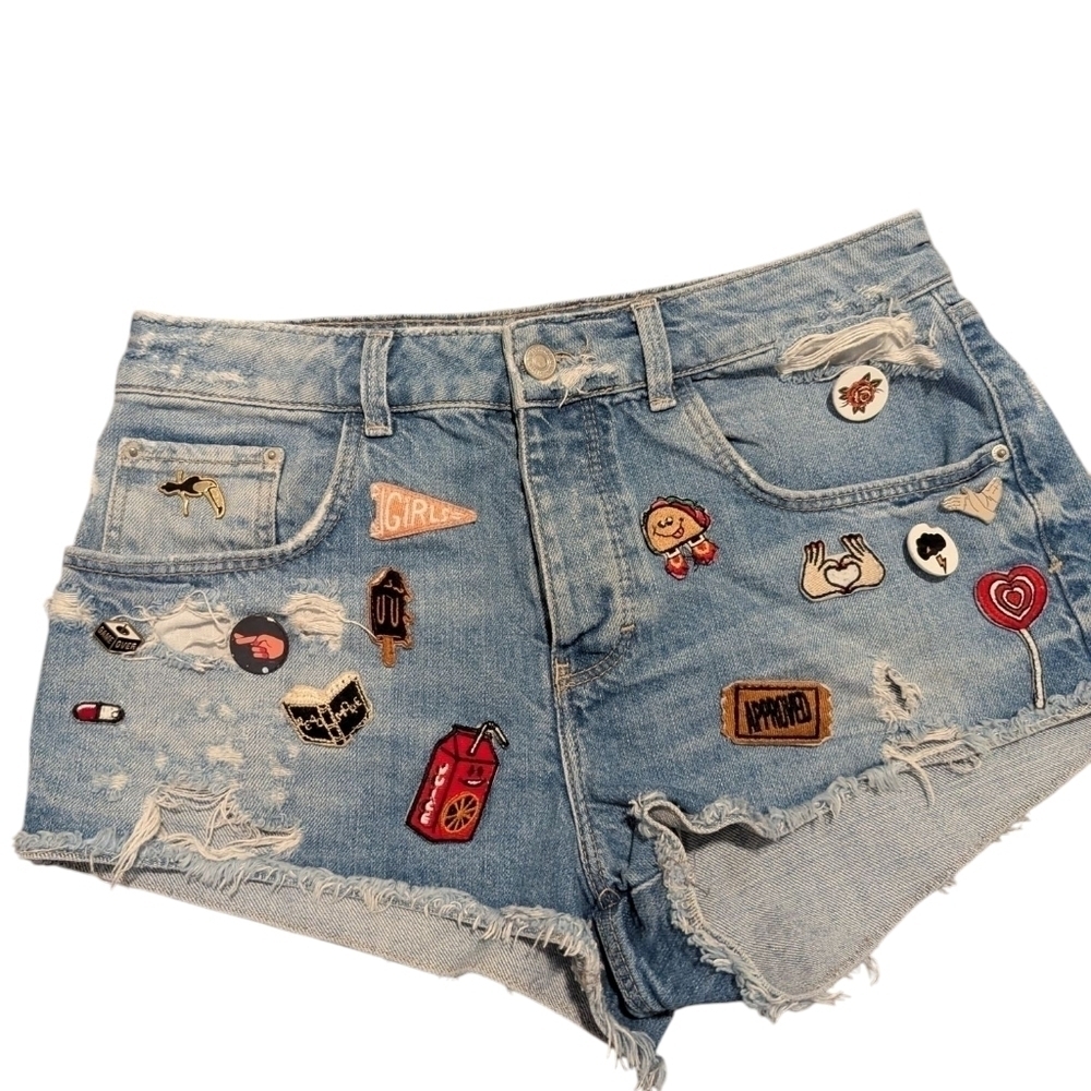 Zara,Women's Distressed Denim Shorts with Patches